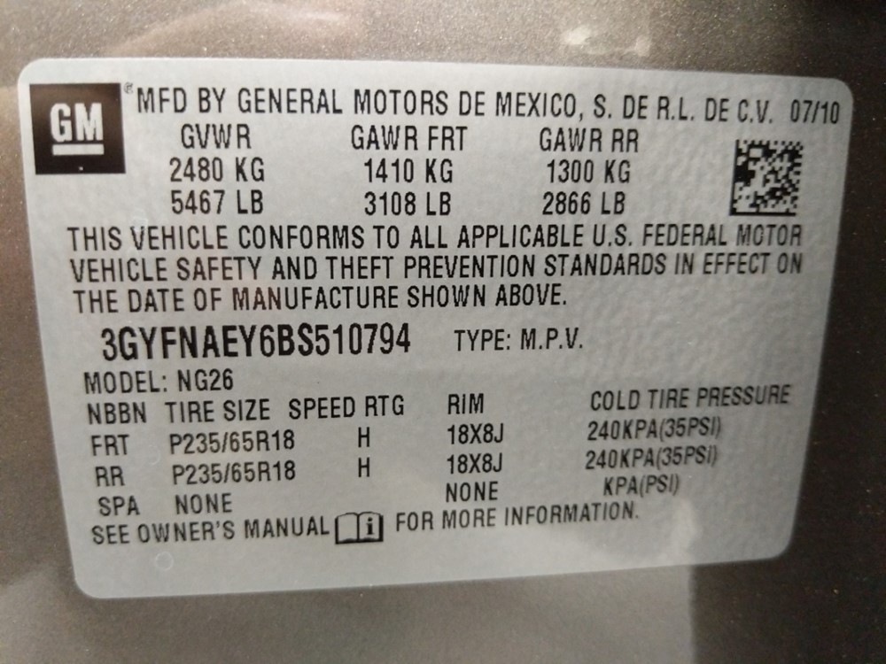 2011 Cadillac SRX - VIN Plate