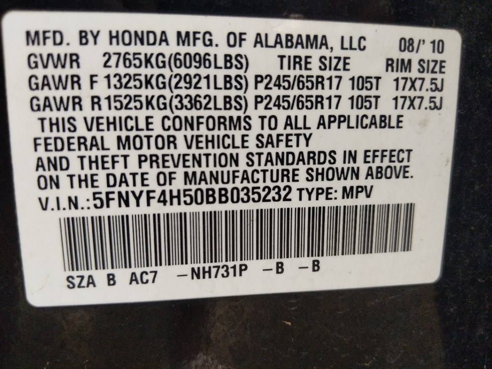 2011 Honda Pilot - VIN Plate