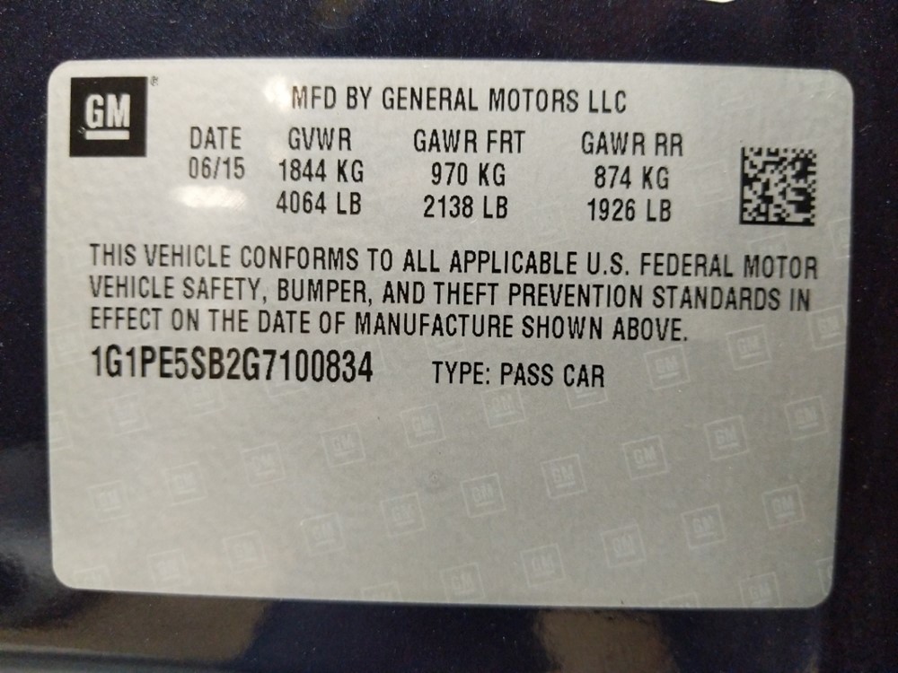 2016 Chevrolet Cruze - VIN Plate