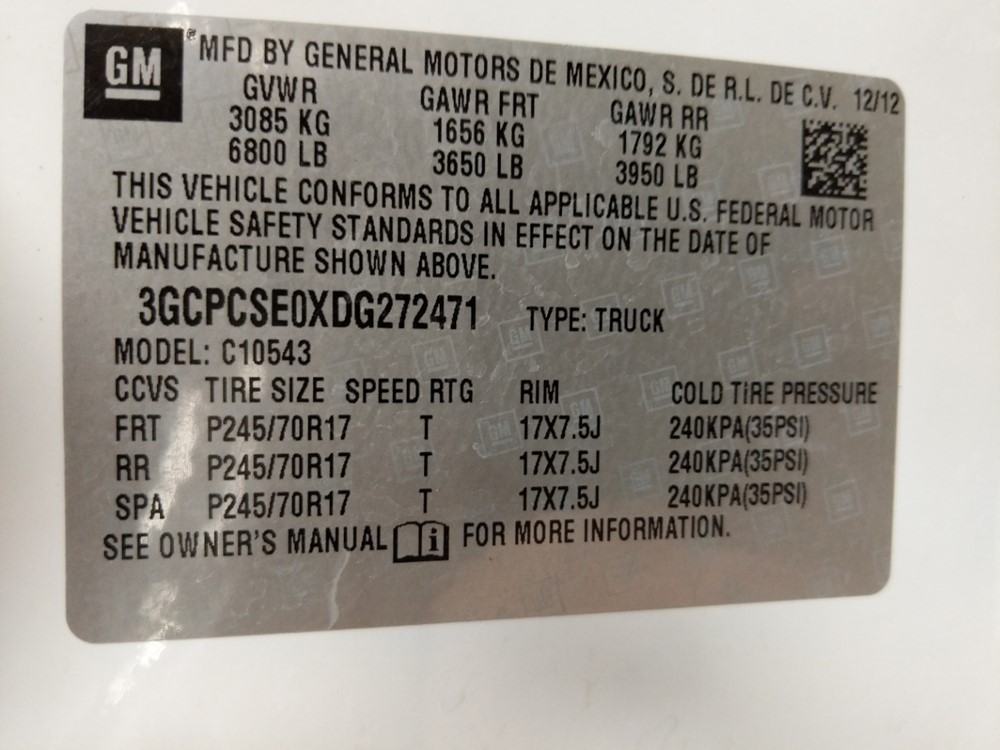 2013 Chevrolet Silverado 1500 - VIN Plate