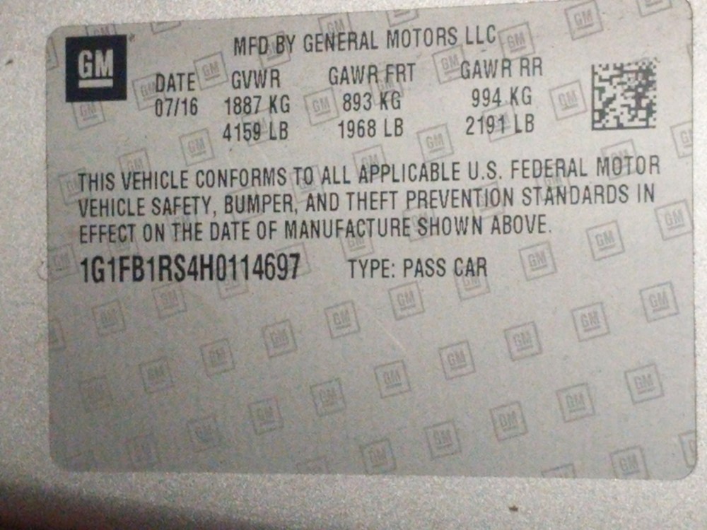 2017 Chevrolet Camaro - VIN Plate