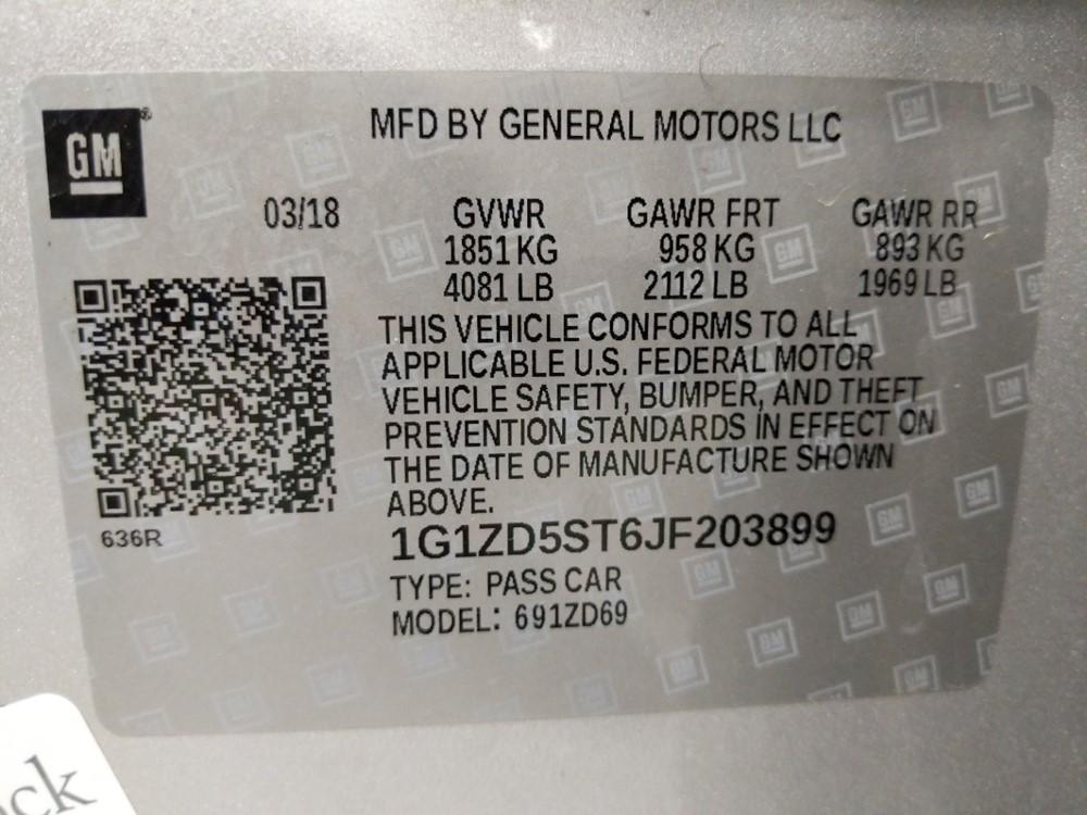 2018 Chevrolet Malibu - VIN Plate