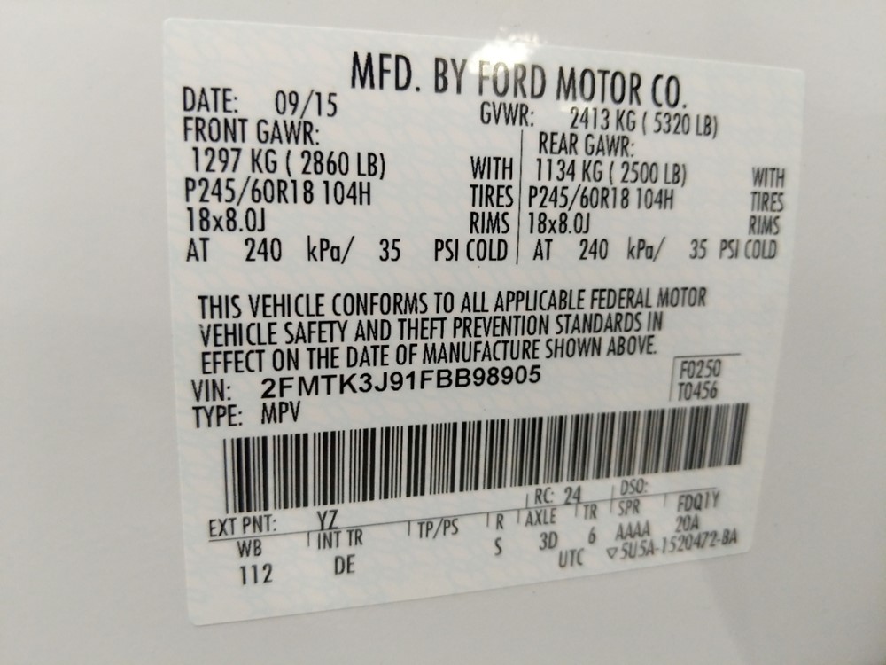 2015 Ford Edge - VIN Plate