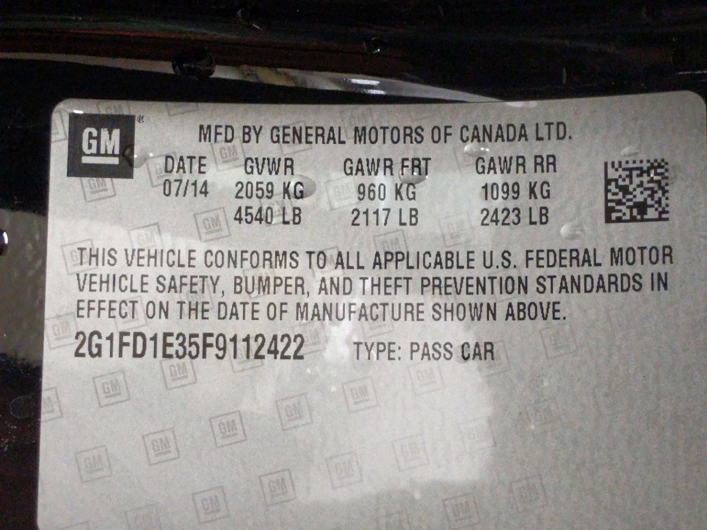 2015 Chevrolet Camaro - VIN Plate