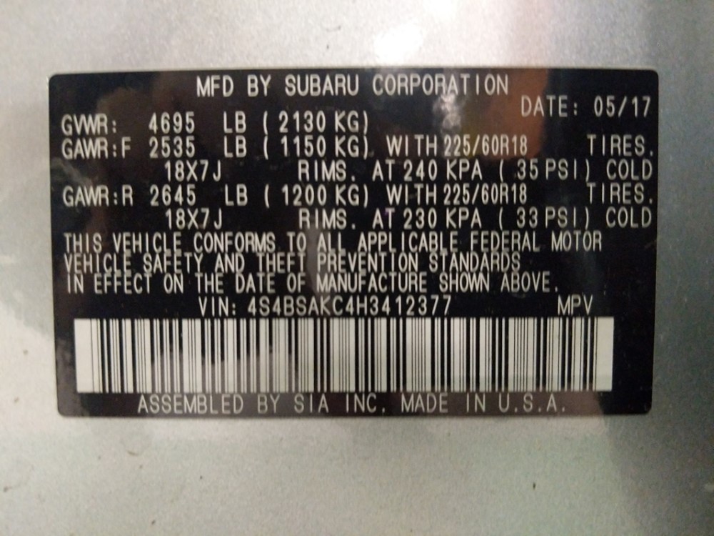 2017 Subaru Outback - VIN Plate