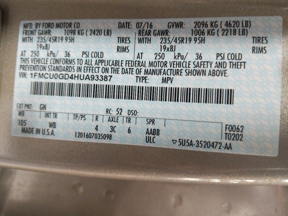 2017 Ford Escape - VIN Plate