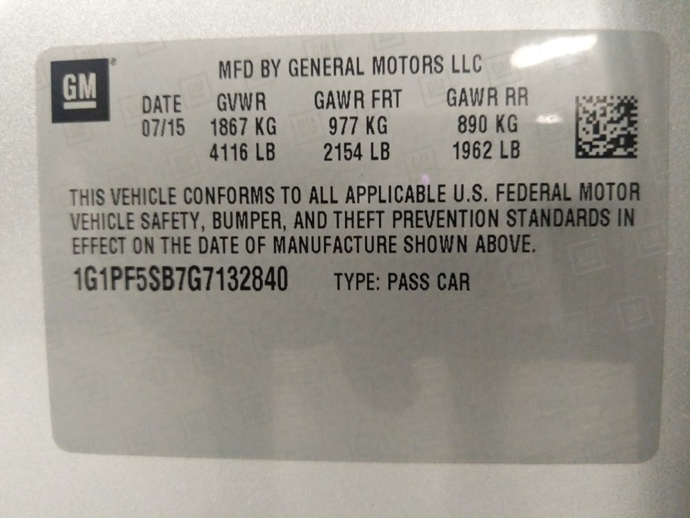 2016 Chevrolet Cruze - VIN Plate