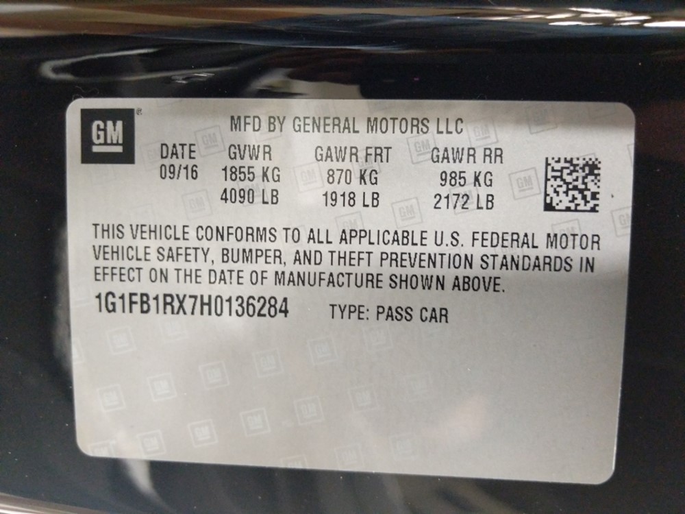 2017 Chevrolet Camaro - VIN Plate