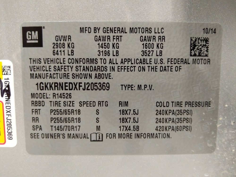 2015 GMC Acadia - VIN Plate