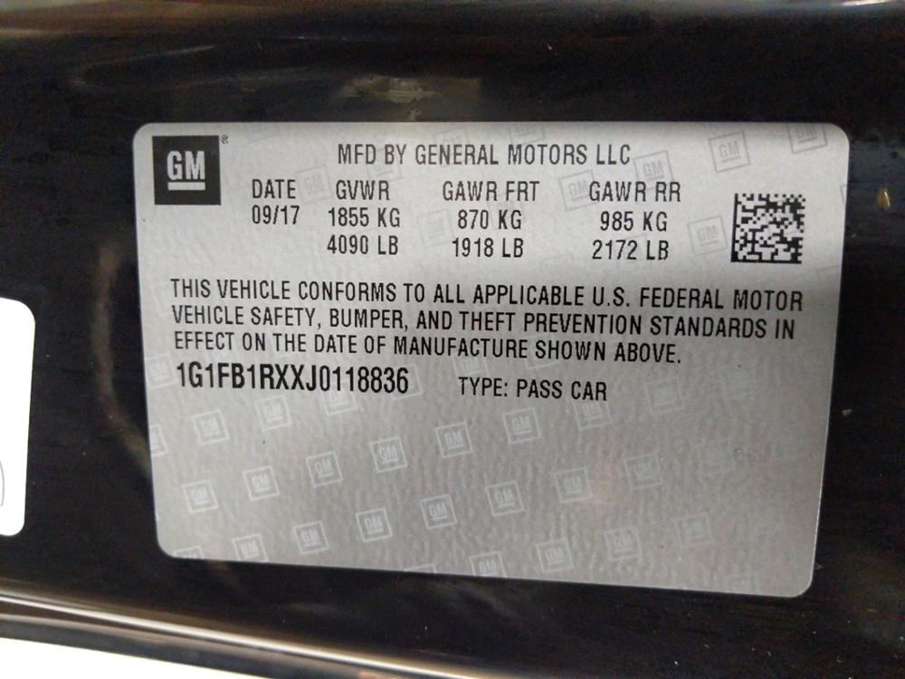 2018 Chevrolet Camaro - VIN Plate