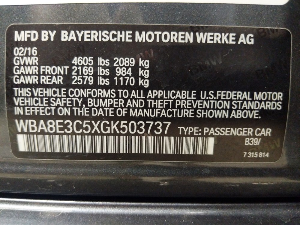 2016 BMW 328i - VIN Plate