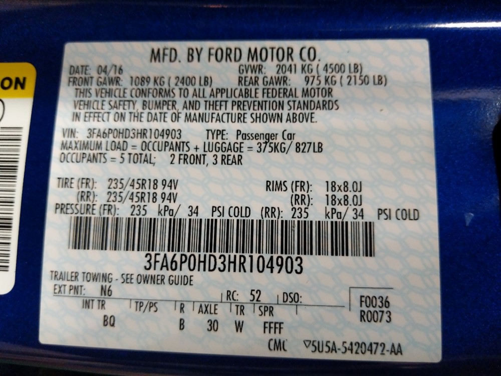 2017 Ford Fusion - VIN Plate