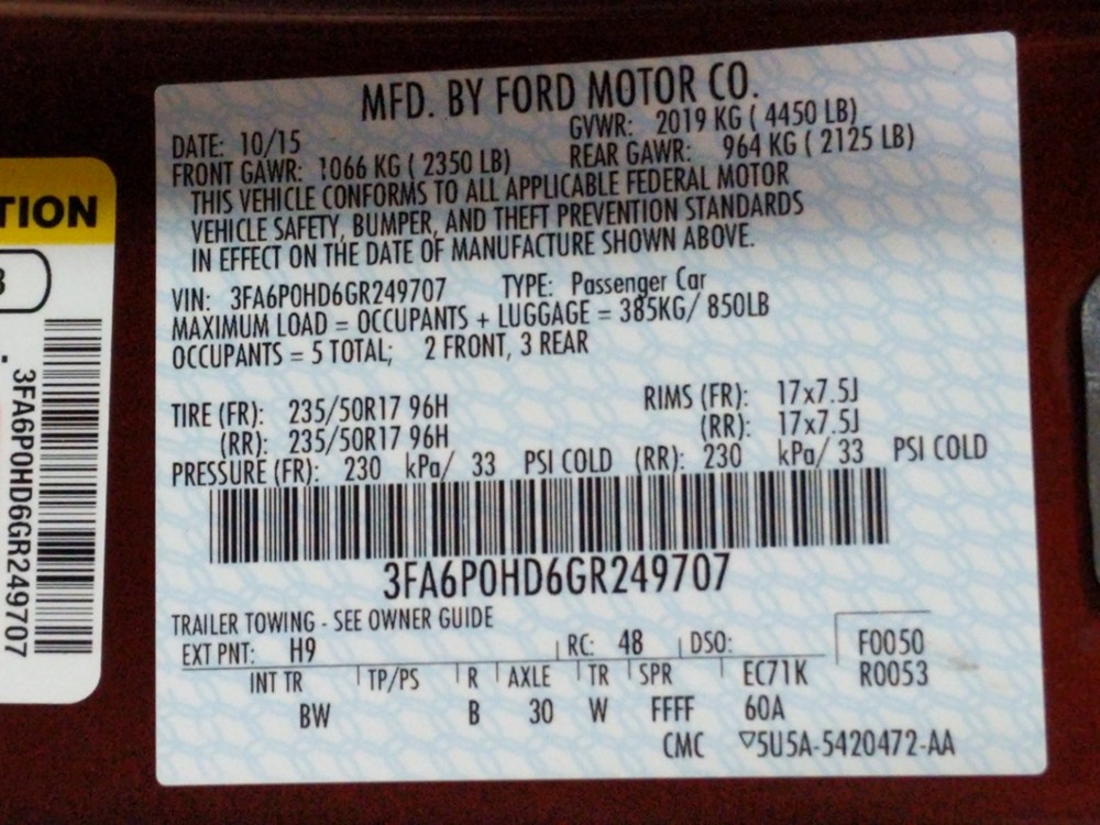 2016 Ford Fusion - VIN Plate