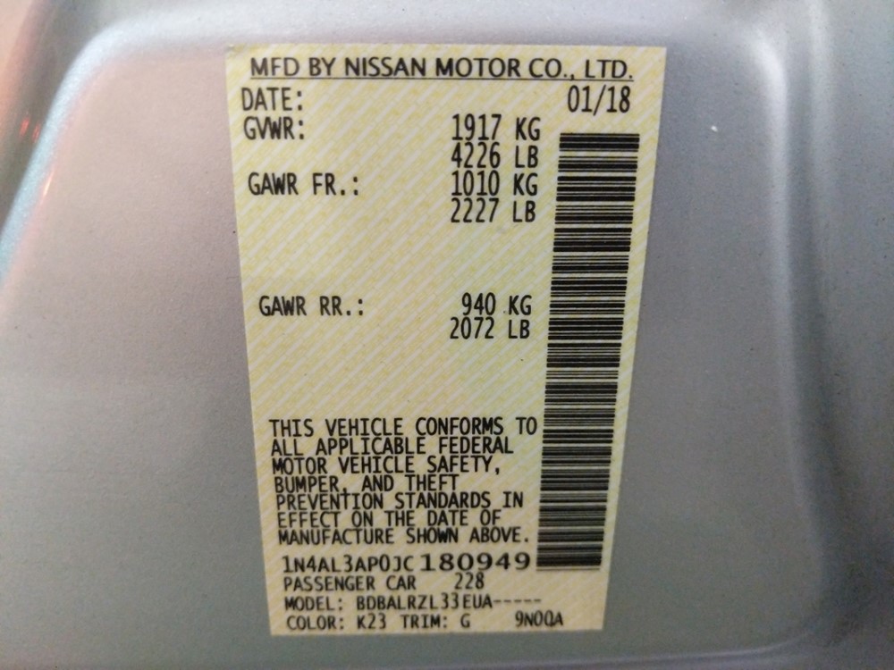 2018 Nissan Altima - VIN Plate
