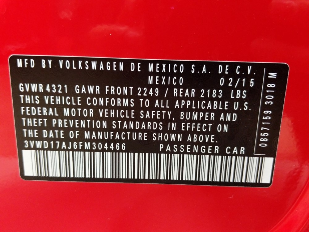 2015 Volkswagen Jetta - VIN Plate