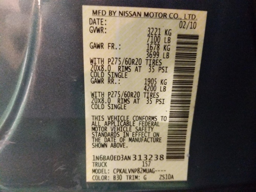 2010 Nissan Titan - VIN Plate