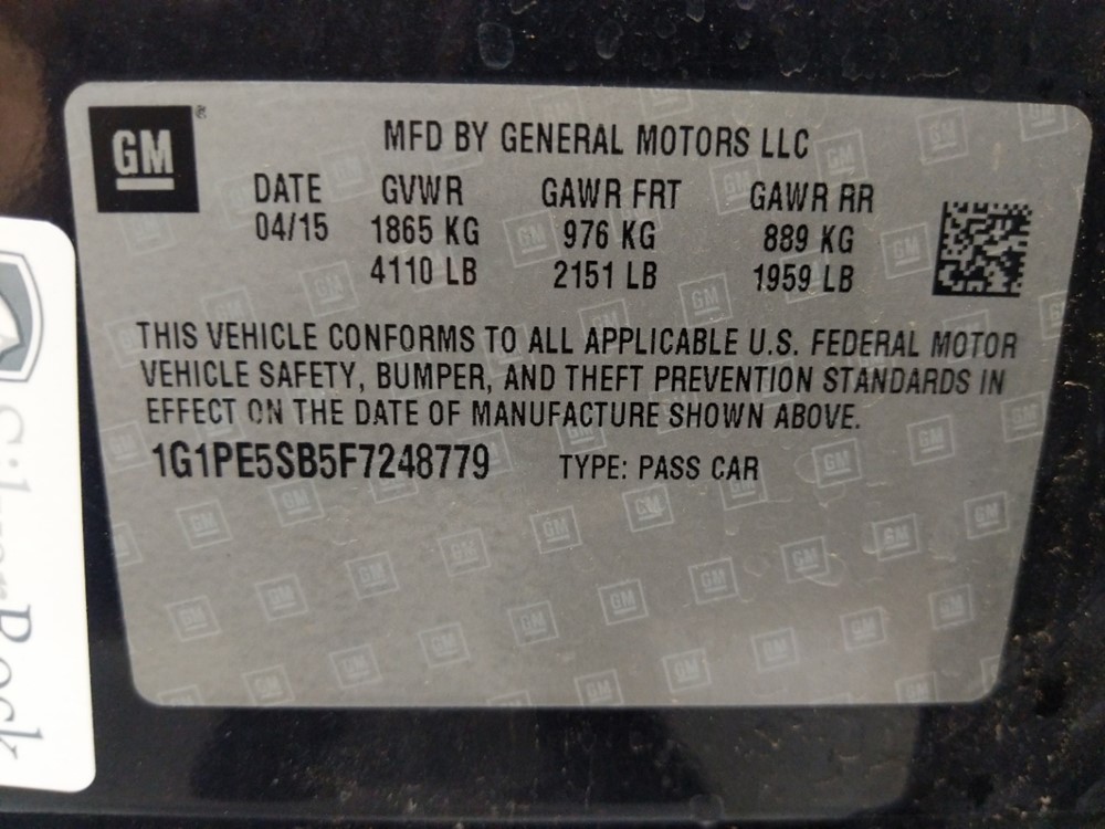 2015 Chevrolet Cruze - VIN Plate
