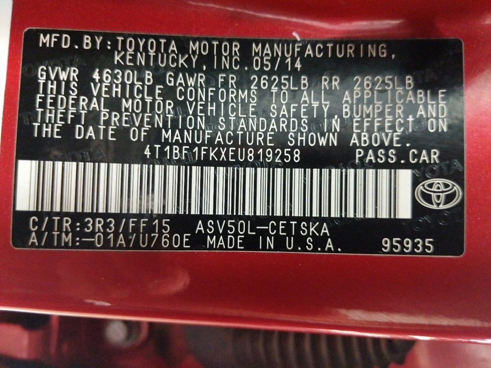 2014 Toyota Camry - VIN Plate