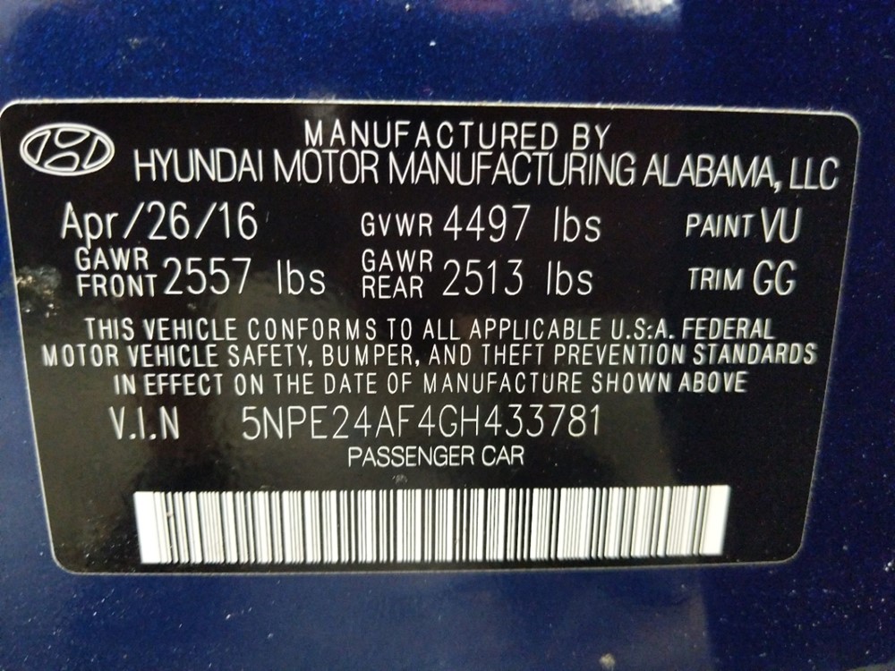 2016 Hyundai Sonata - VIN Plate