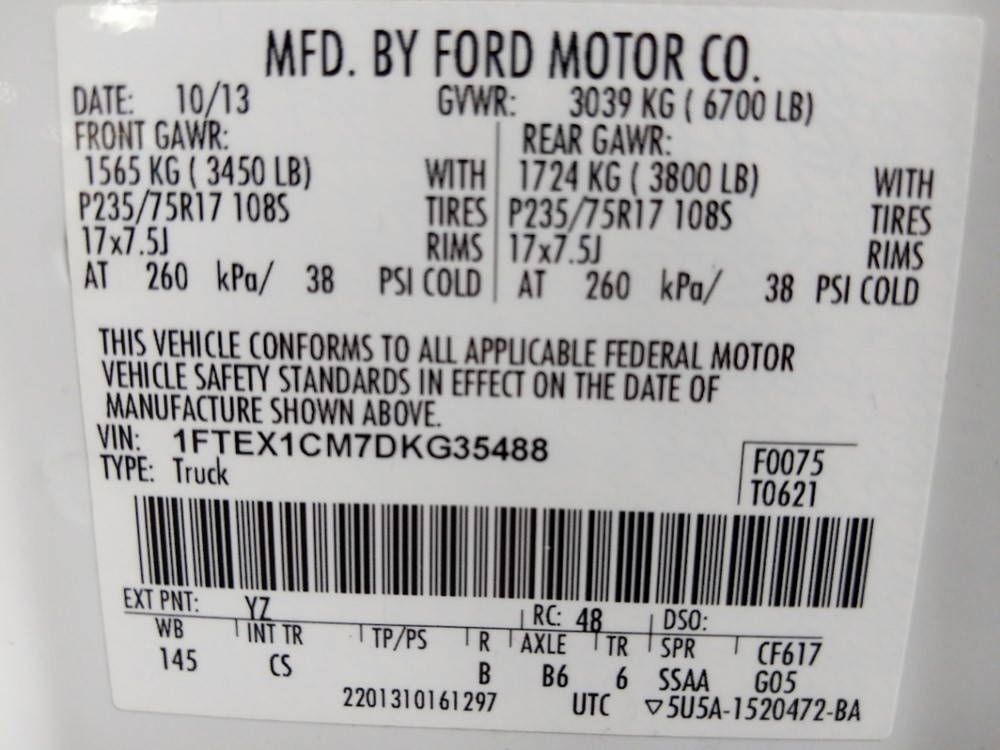 2013 Ford F-150 - VIN Plate