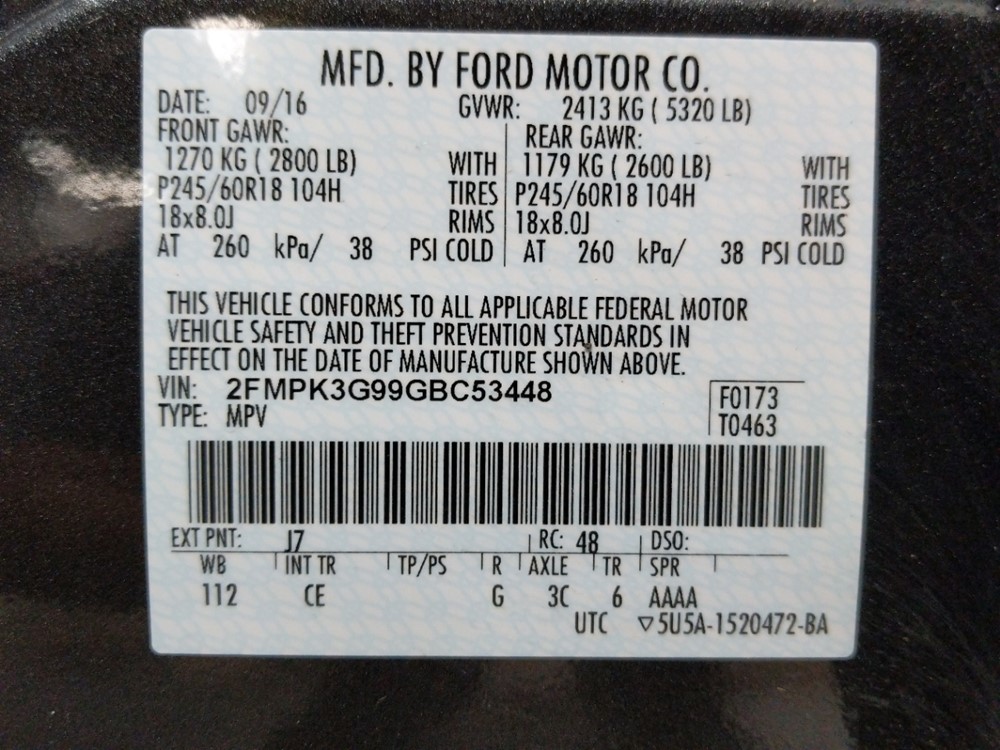 2016 Ford Edge - VIN Plate