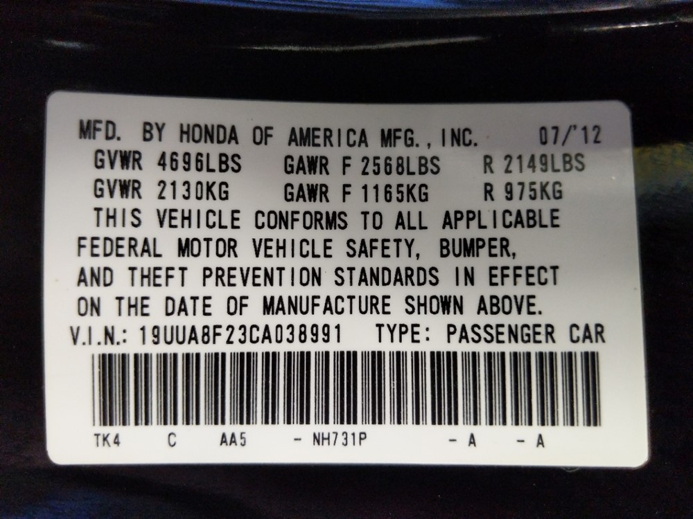 2012 Acura TL - VIN Plate