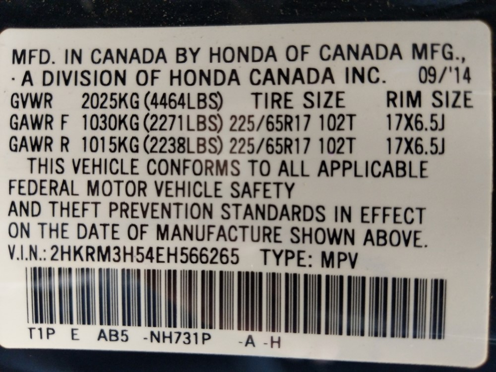 2014 Honda CR-V - VIN Plate