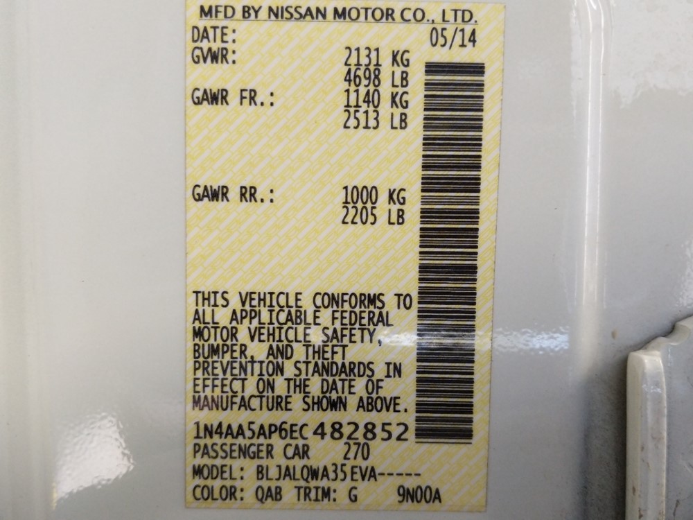2014 Nissan Maxima - VIN Plate