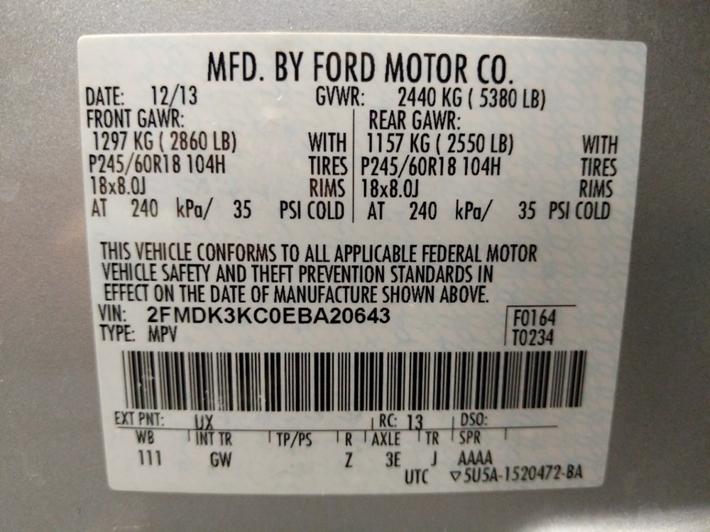 2014 Ford Edge - VIN Plate