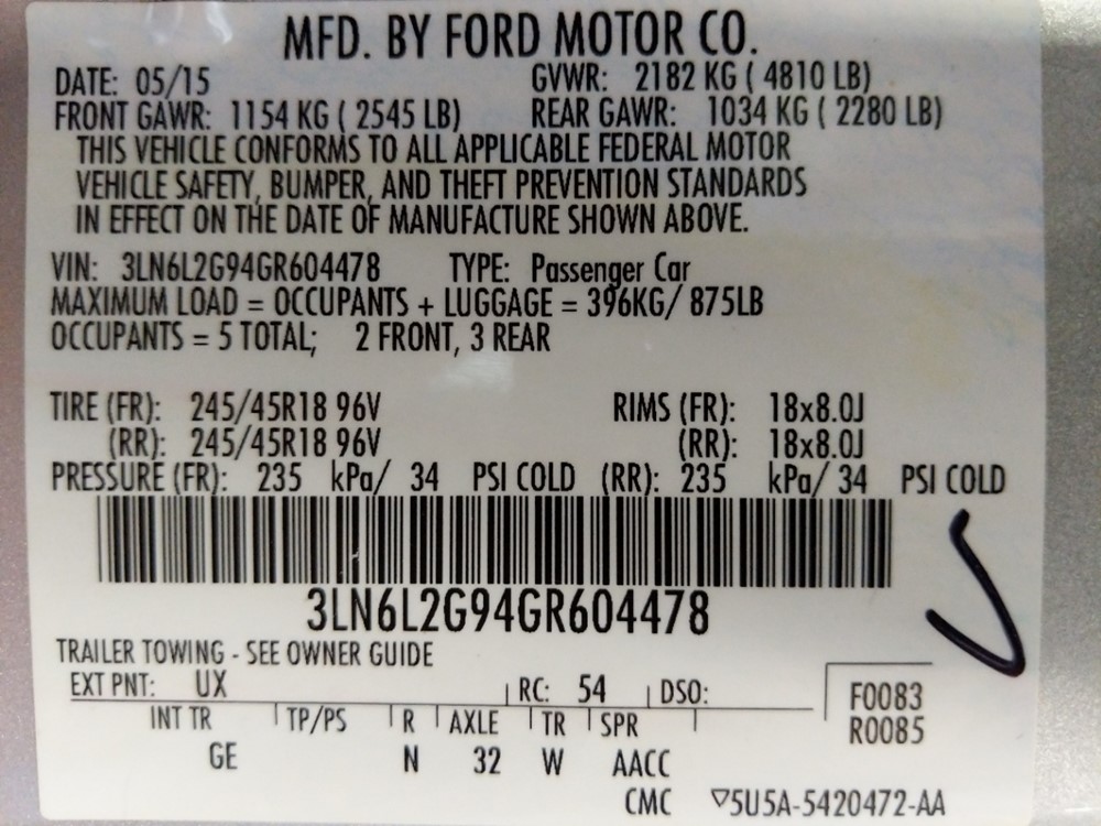 2016 Lincoln MKZ - VIN Plate