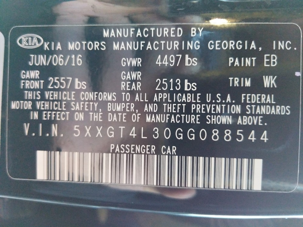2016 Kia Optima - VIN Plate