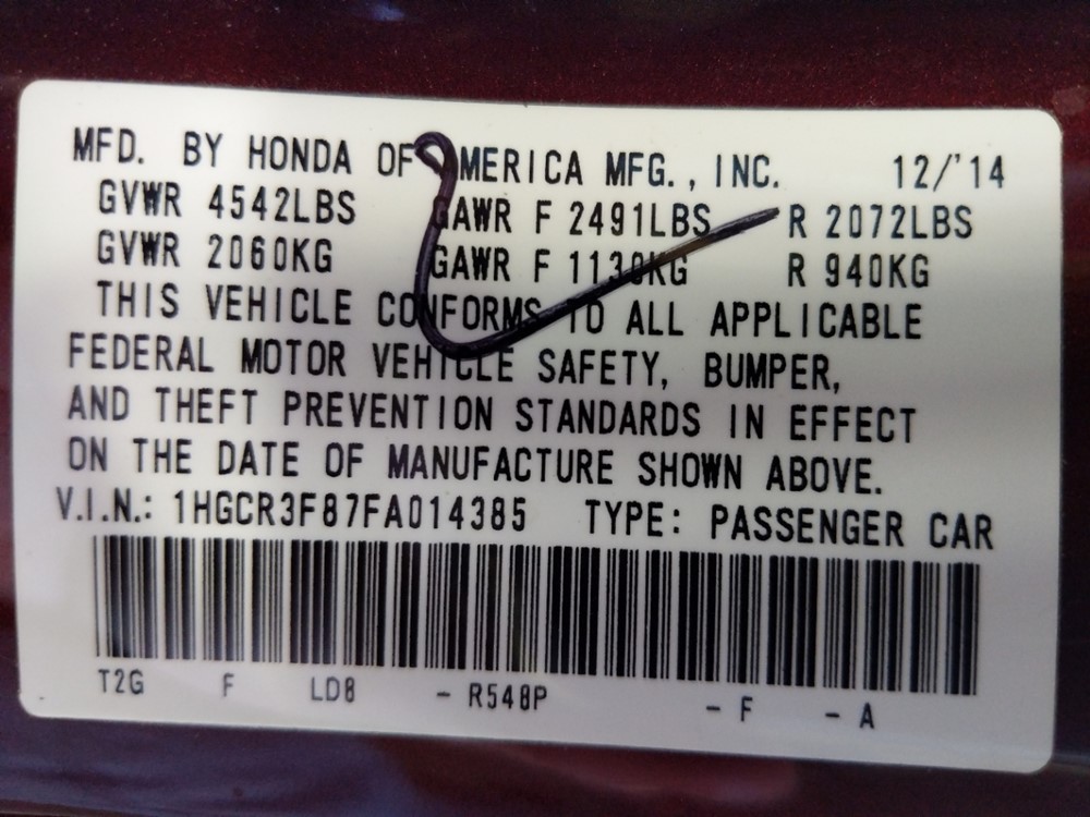 2015 Honda Accord - VIN Plate