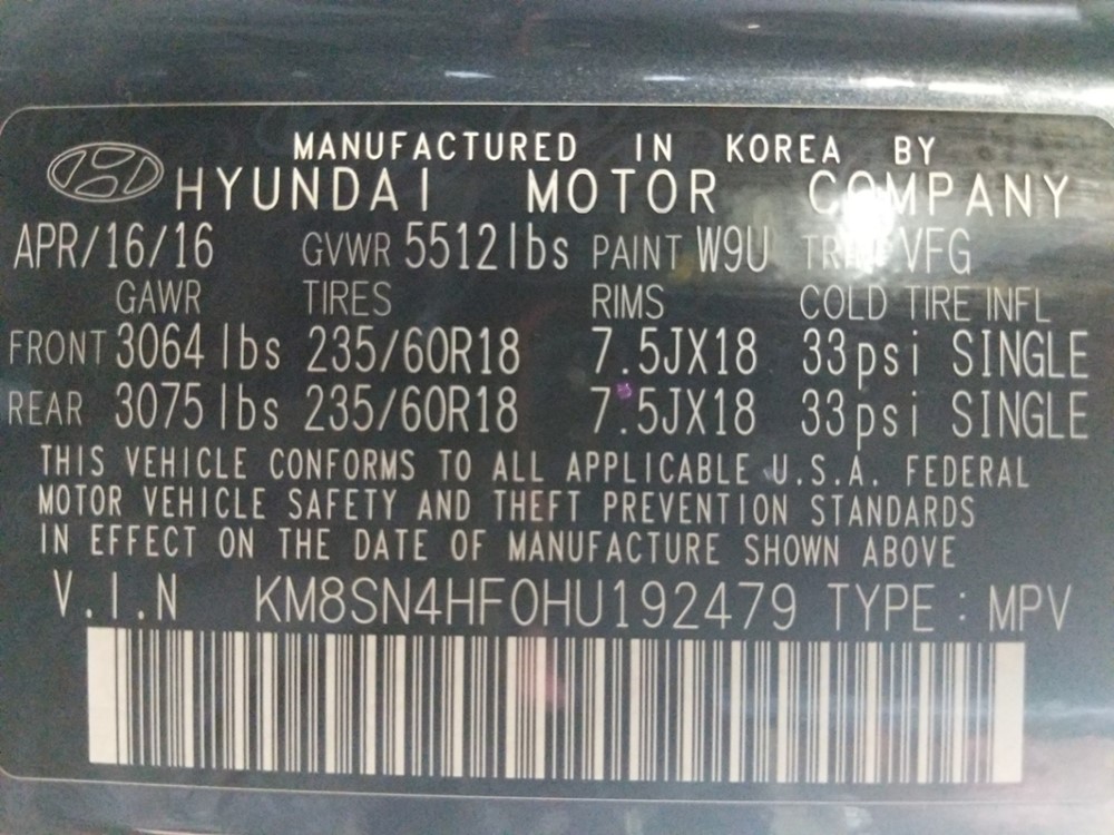 2017 Hyundai Santa Fe - VIN Plate