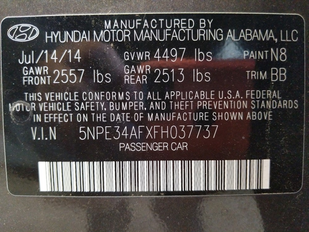 2015 Hyundai Sonata - VIN Plate