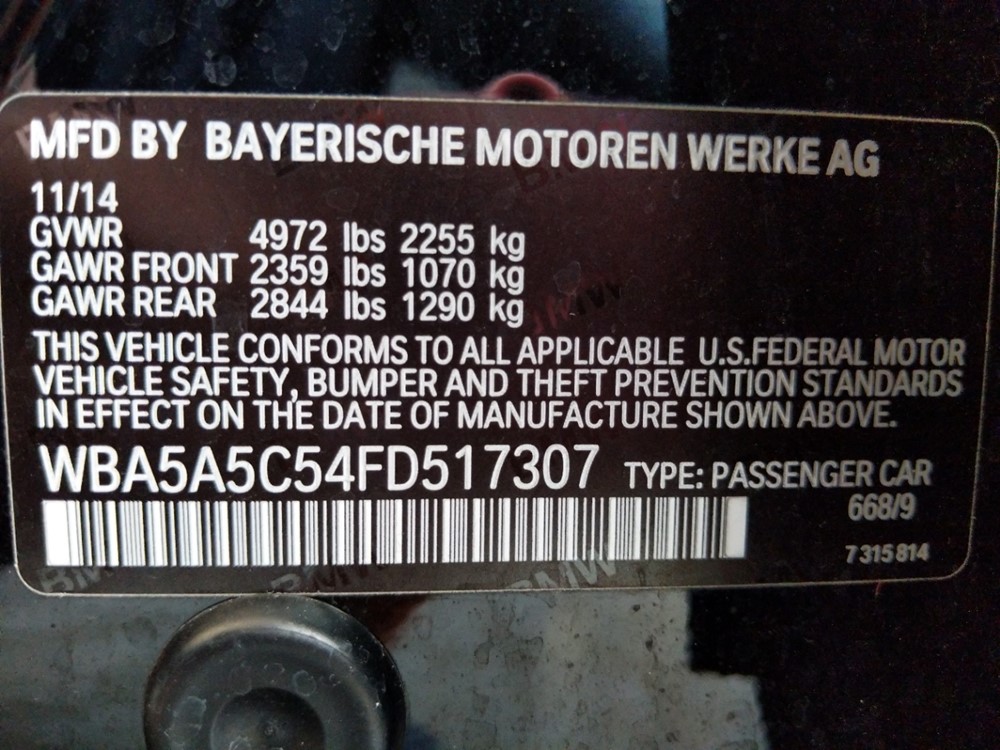 2015 BMW 528i - VIN Plate