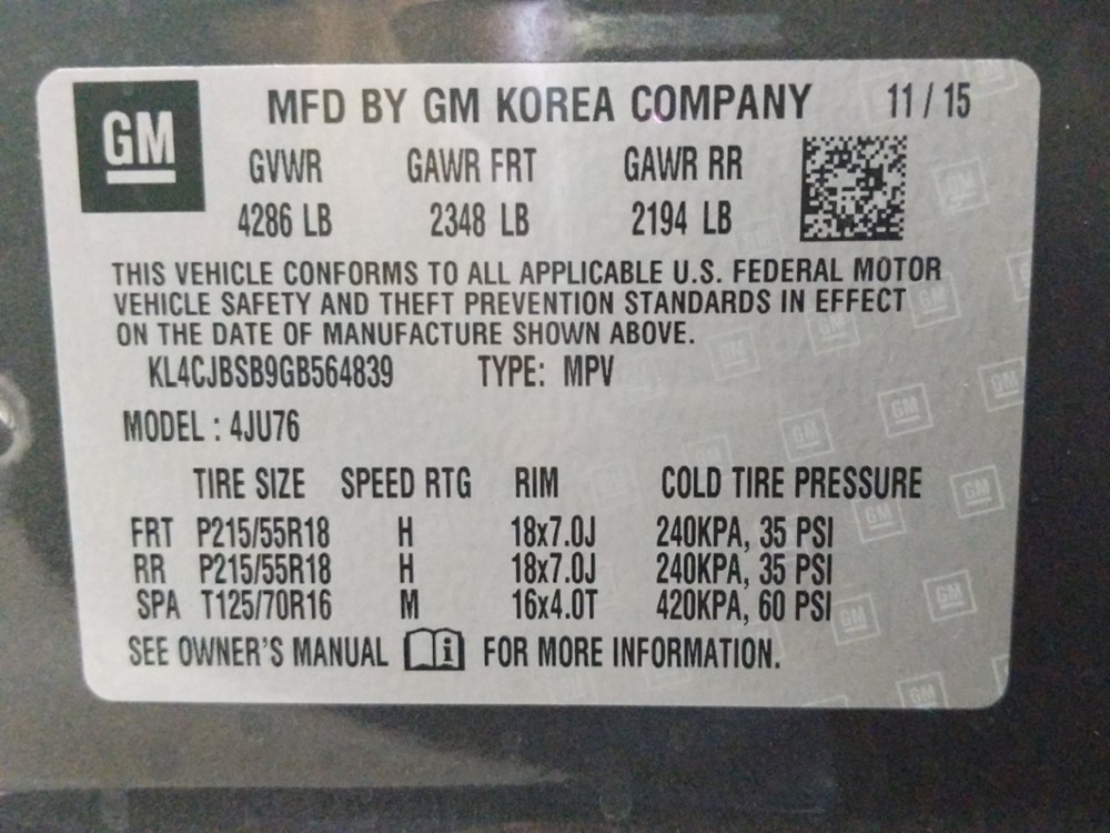 2016 Buick Encore - VIN Plate