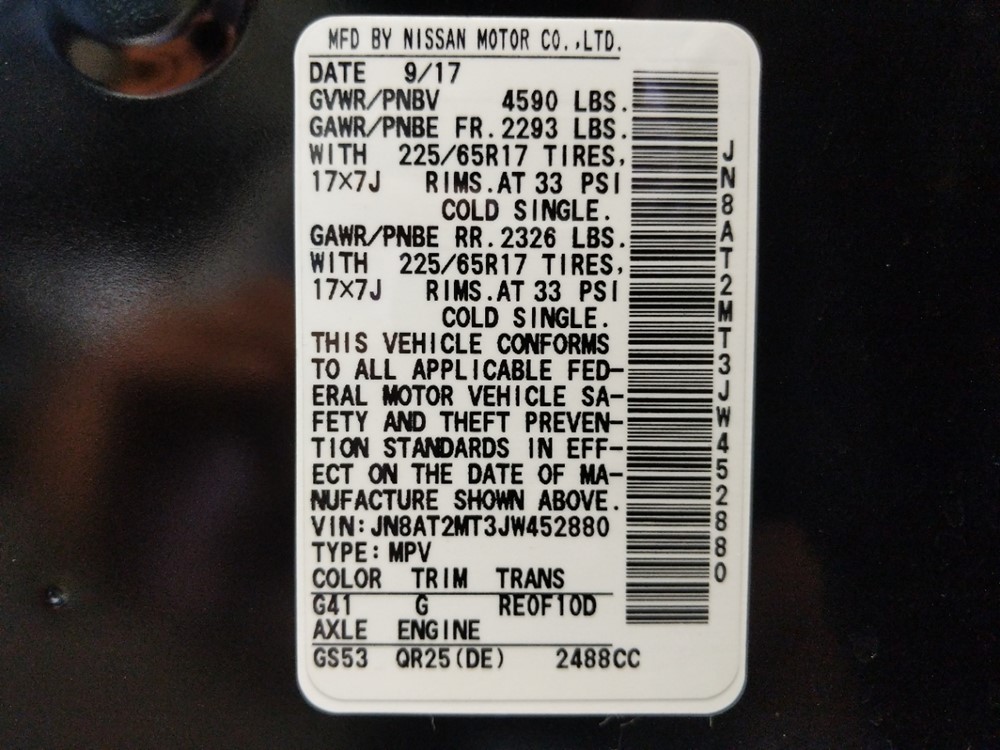 2018 Nissan Rogue - VIN Plate