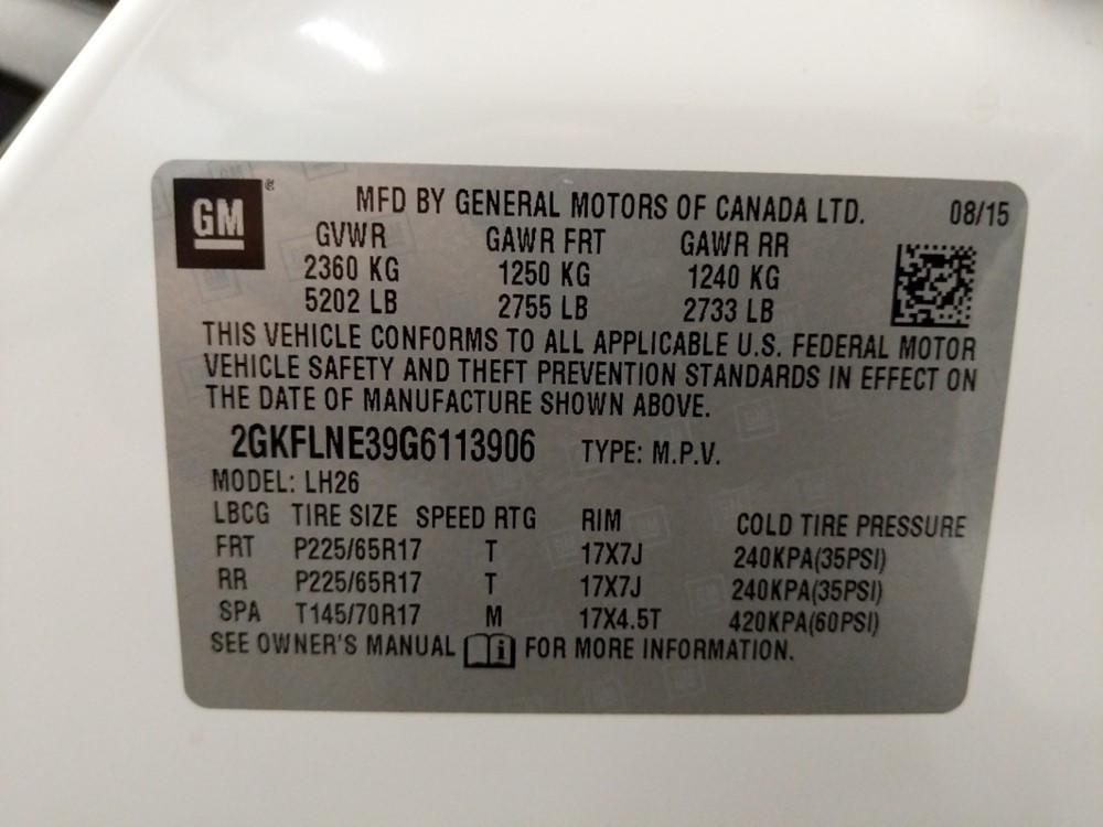 2016 GMC Terrain - VIN Plate