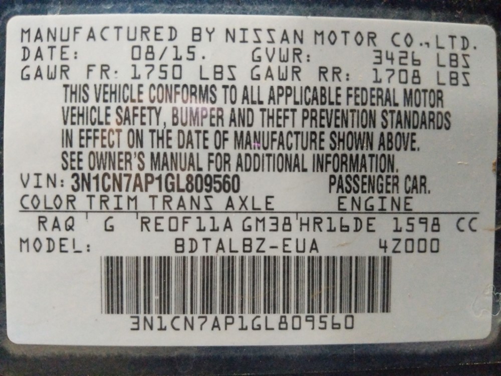 2016 Nissan Versa - VIN Plate