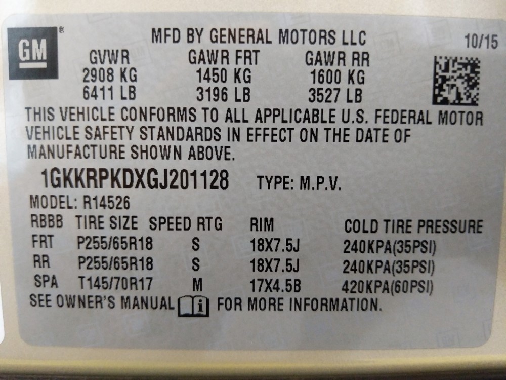 2016 GMC Acadia - VIN Plate