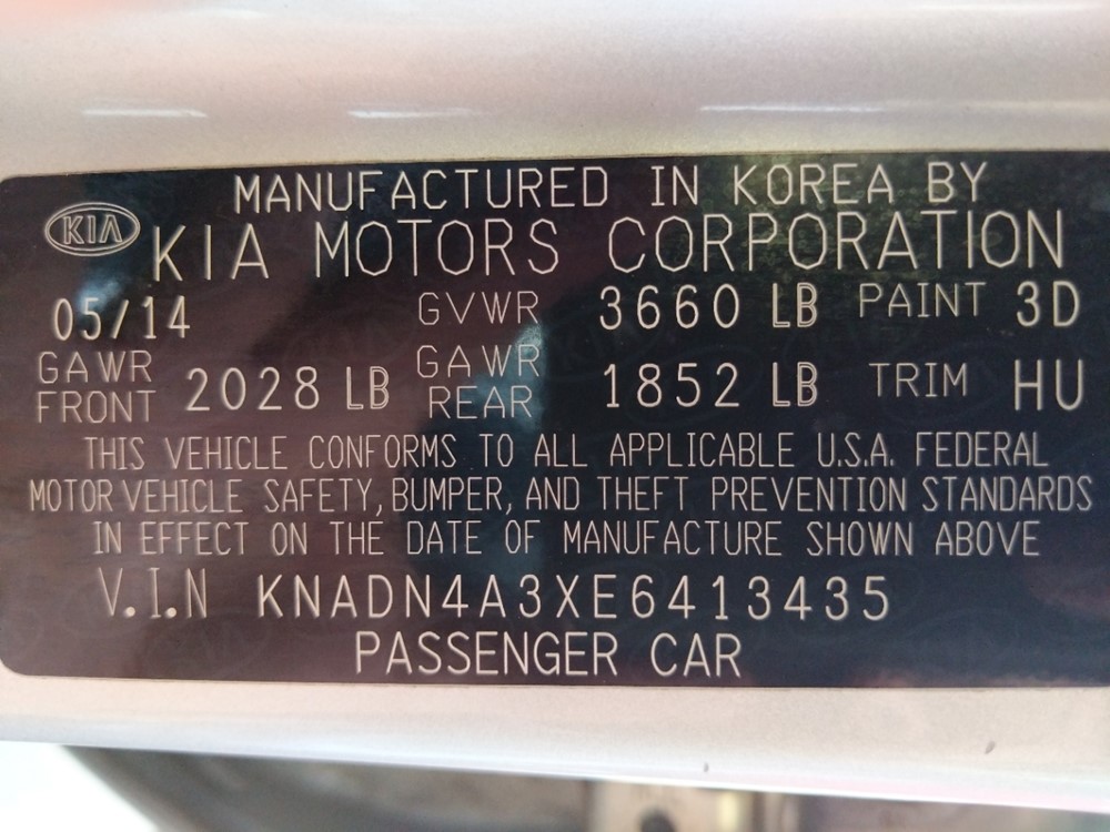 2014 Kia Rio - VIN Plate