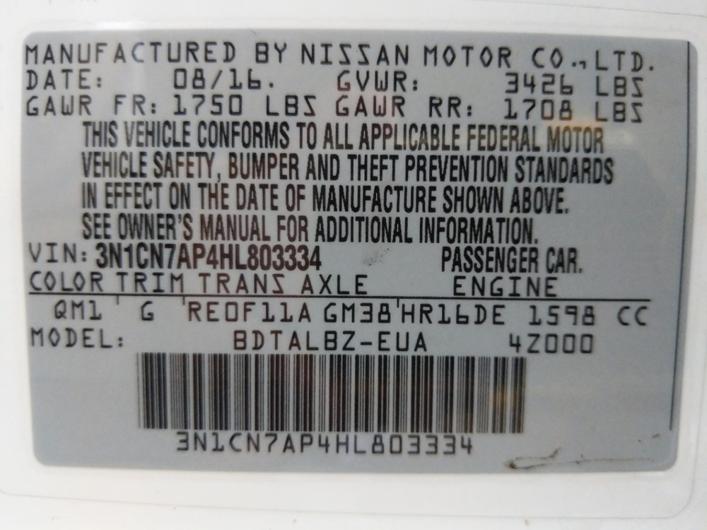 2017 Nissan Versa - VIN Plate