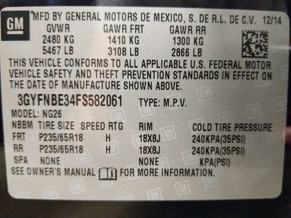 2015 Cadillac SRX - VIN Plate