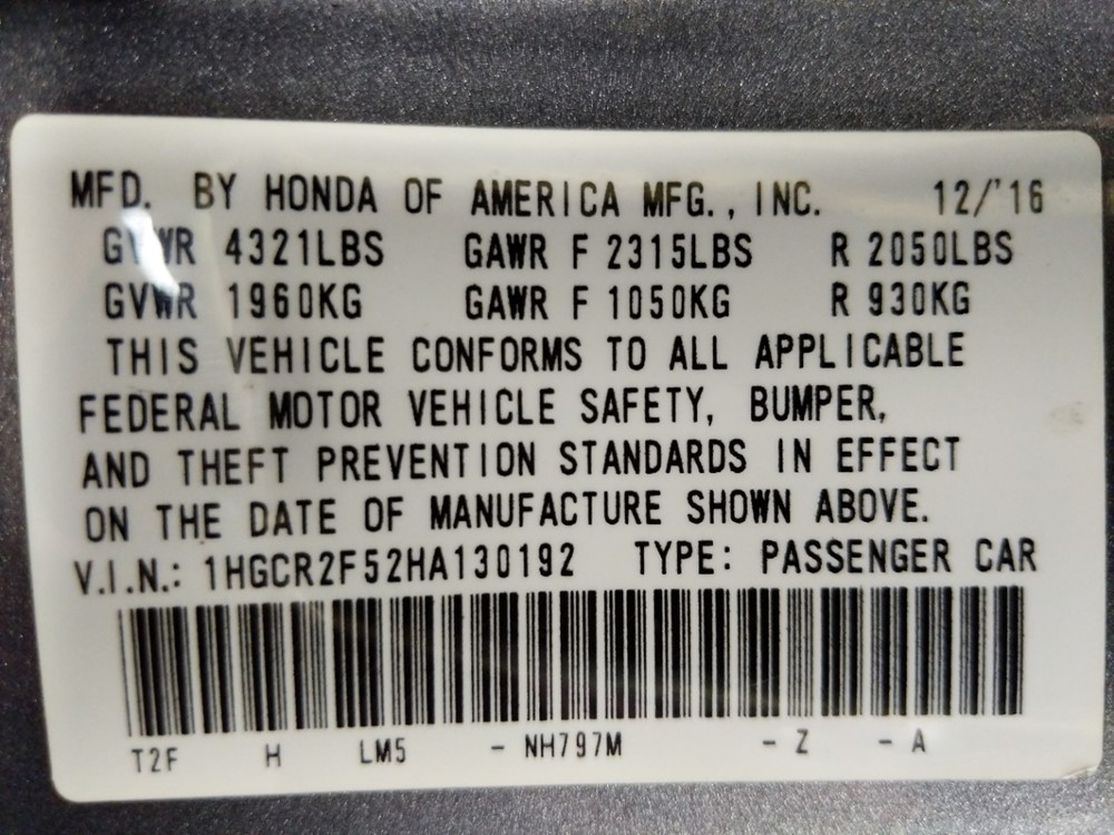 2017 Honda Accord - VIN Plate