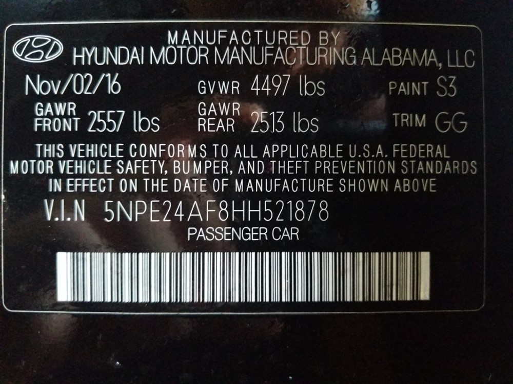 2017 Hyundai Sonata - VIN Plate