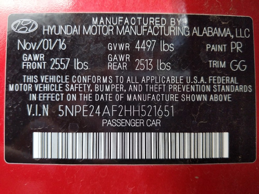 2017 Hyundai Sonata - VIN Plate