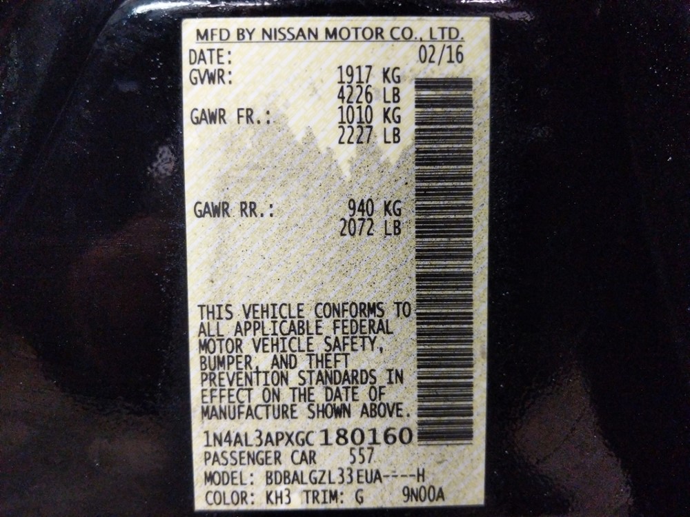 2016 Nissan Altima - VIN Plate
