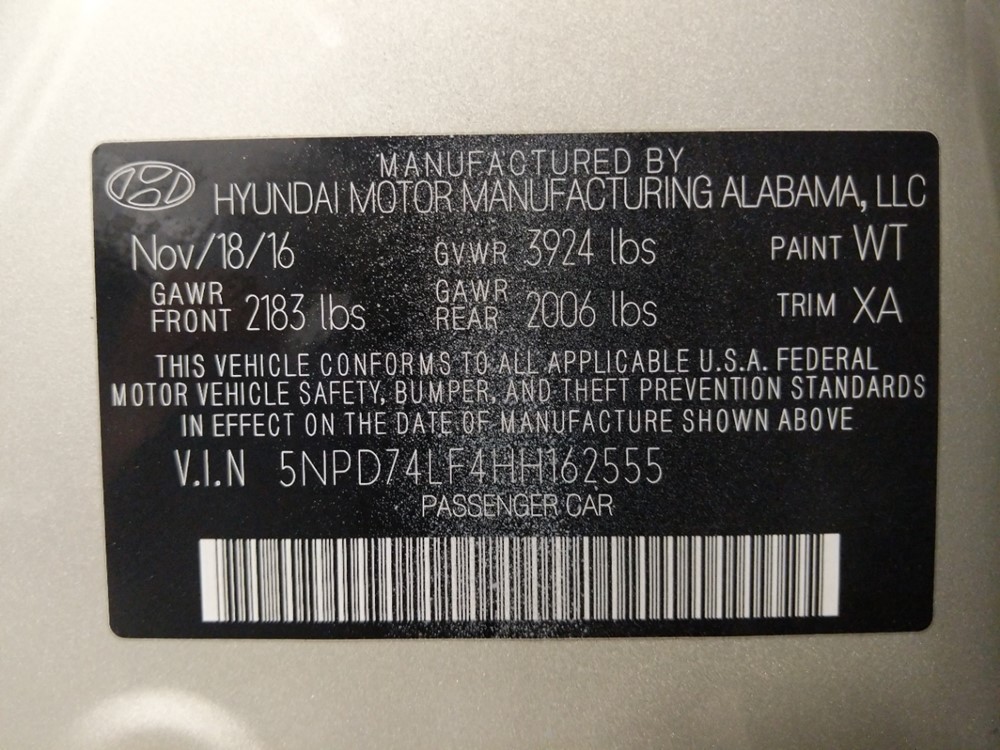 2017 Hyundai Elantra - VIN Plate