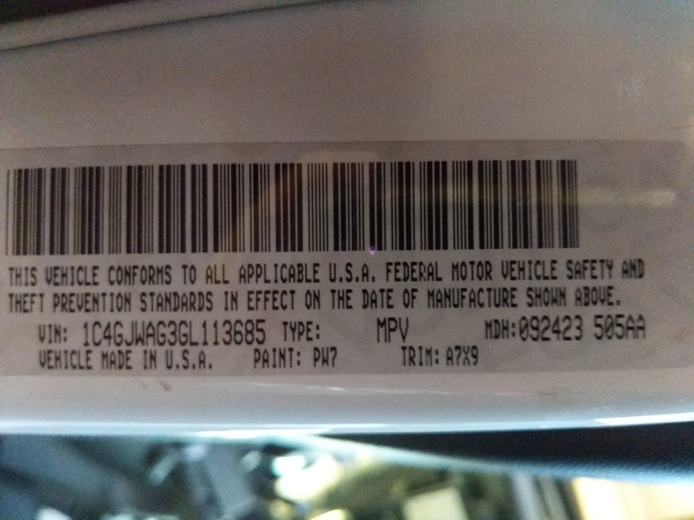 2016 Jeep Wrangler - VIN Plate