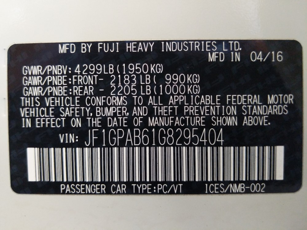2016 Subaru Impreza - VIN Plate